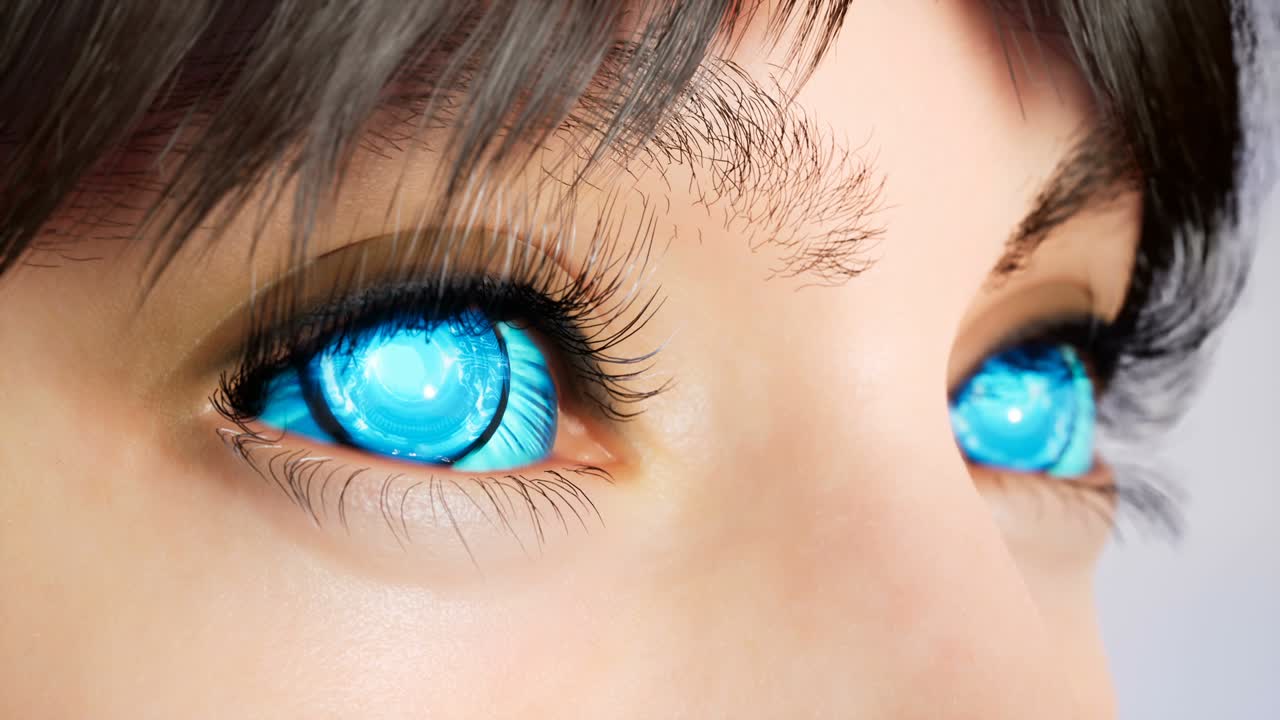 Cute girl with blue cybernetic eyes close-up. Macro shot of blue cyber eyes. The girl is made using computer graphics. Extreme close-up of cybernetic blue eyes. Looping animation. 3D rendering.