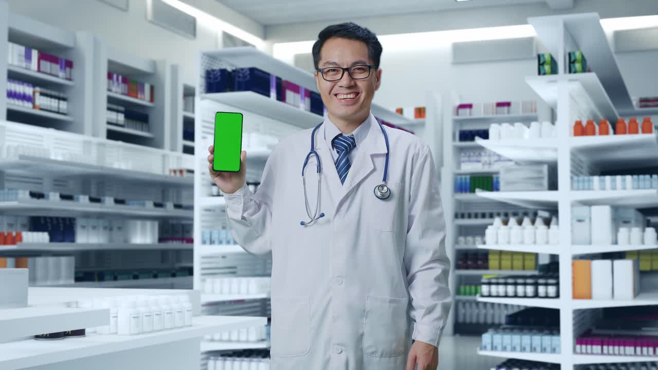 약국에서 녹색 화면을 가진 스마트폰을 들고 있는 약사