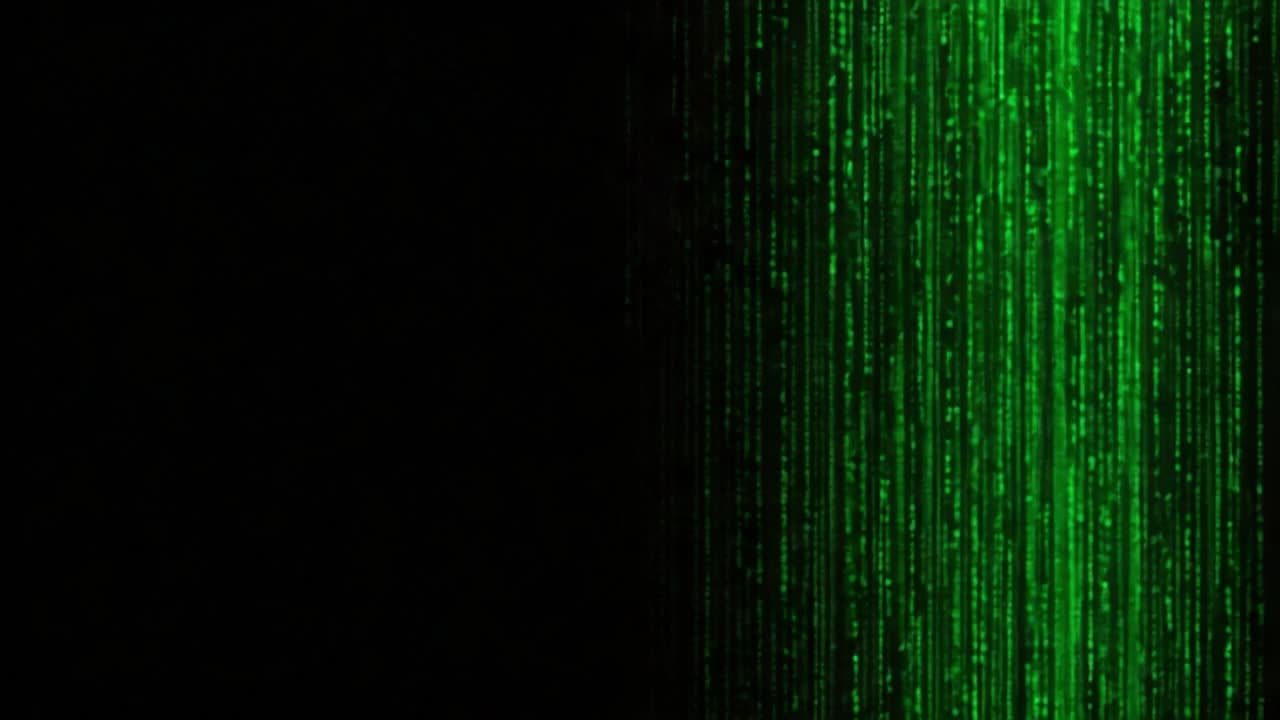 A Stunning Visualization of Digital Rain: An Immersive Display of Glowing Green Code Cascading Through Darkness, Creating a Captivating and Hypnotic Effect
