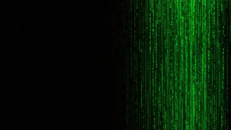 A Stunning Visualization of Digital Rain: An Immersive Display of Glowing Green Code Cascading Through Darkness, Creating a Captivating and Hypnotic Effect
