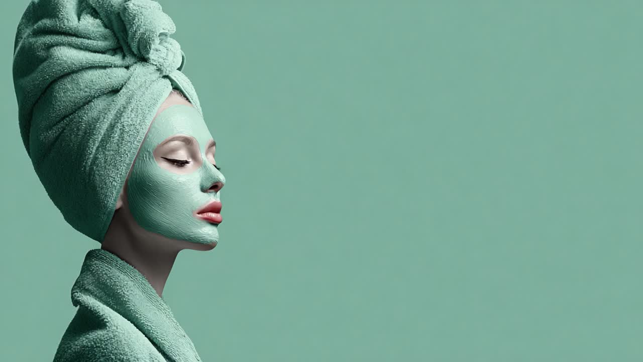 Eine ruhige Schönheitsbehandlungsszene mit einer Frau, die eine reinigende Gesichtsmaske trägt, in ein weiches Handtuch gehüllt, Gelassenheit und Selbstvertrauen vor einem minimalistischen grünen Hintergrund ausstrahlend