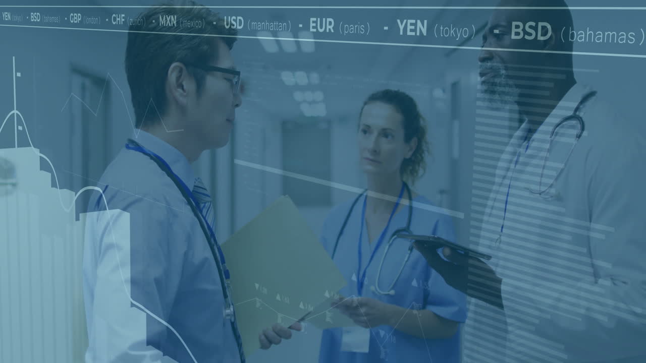 Medical team discussing patient data in hospital corridor, with floating charts and currency codes