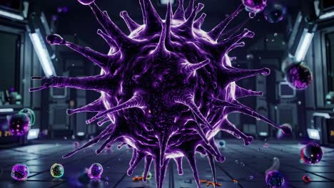 virus mutando, cambiando de color mientras evoluciona dentro de un laboratorio científico avanzado, rodeado de microorganismos flotantes y estructuras biológicas intrincadas