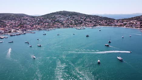 Murter-Kornati-Village-at-Murter-Island,-Dalmatia,-Croatia---Aerial-Drone-View-of-Sailing-Boats-and-Yachts-at-the-Harbor