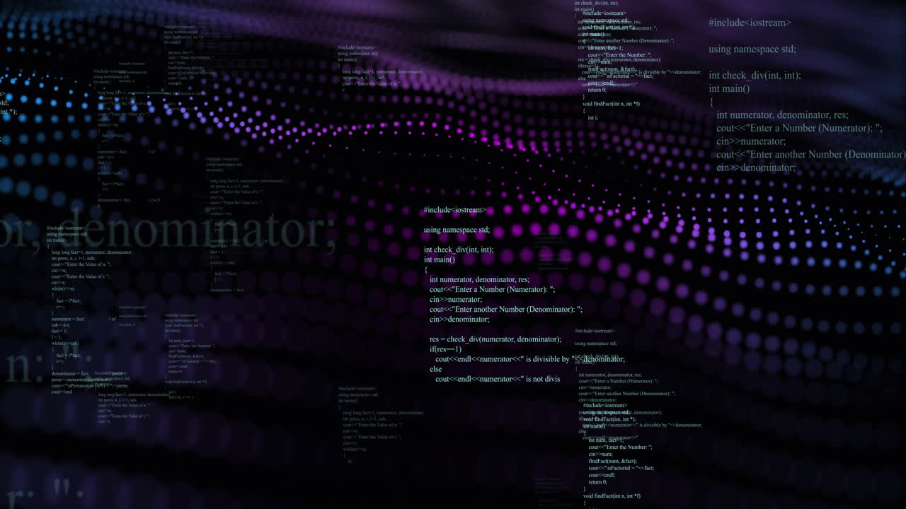Animation of data processing over purple spots on black background