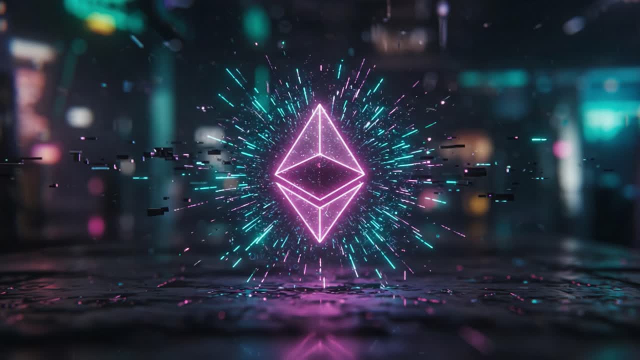 A Stunning Visual Representation of Digital Currency, Featuring a Vibrant Ethereum Symbol Encircled by Dynamic Light Effects and Colorful Particles in a Futuristic Environment