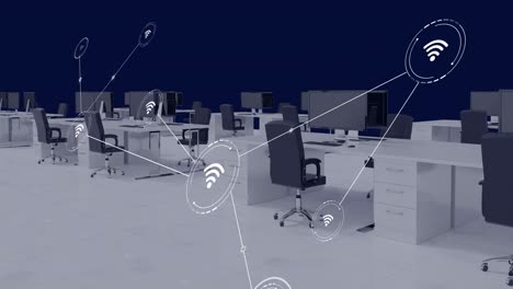 Animation of network of conncetions with icons over office interior with desks and computers