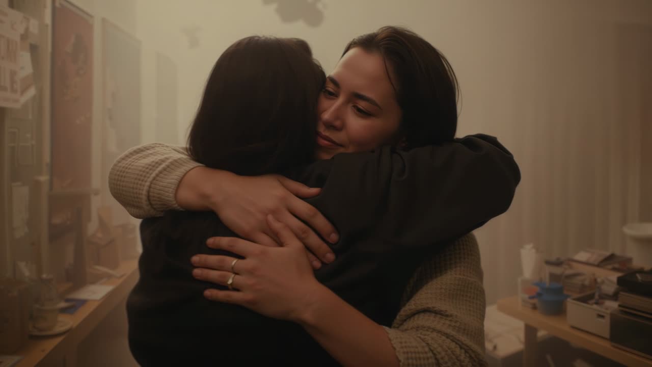 Due donne si abbracciano in casa; la donna con il maglione inizia l'abbraccio cercando conforto; parte superiore scura e anelli visibili
