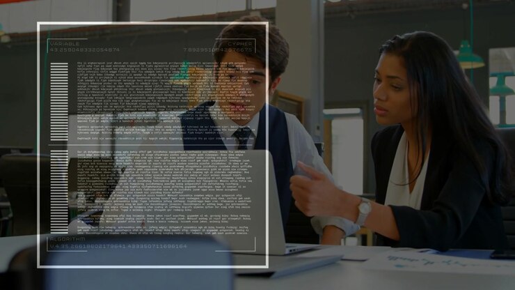 Colleghi che analizzano dati tecnici, una donna indica un laptop, attivando una barra di progresso che si riempie sull'interfaccia utente.