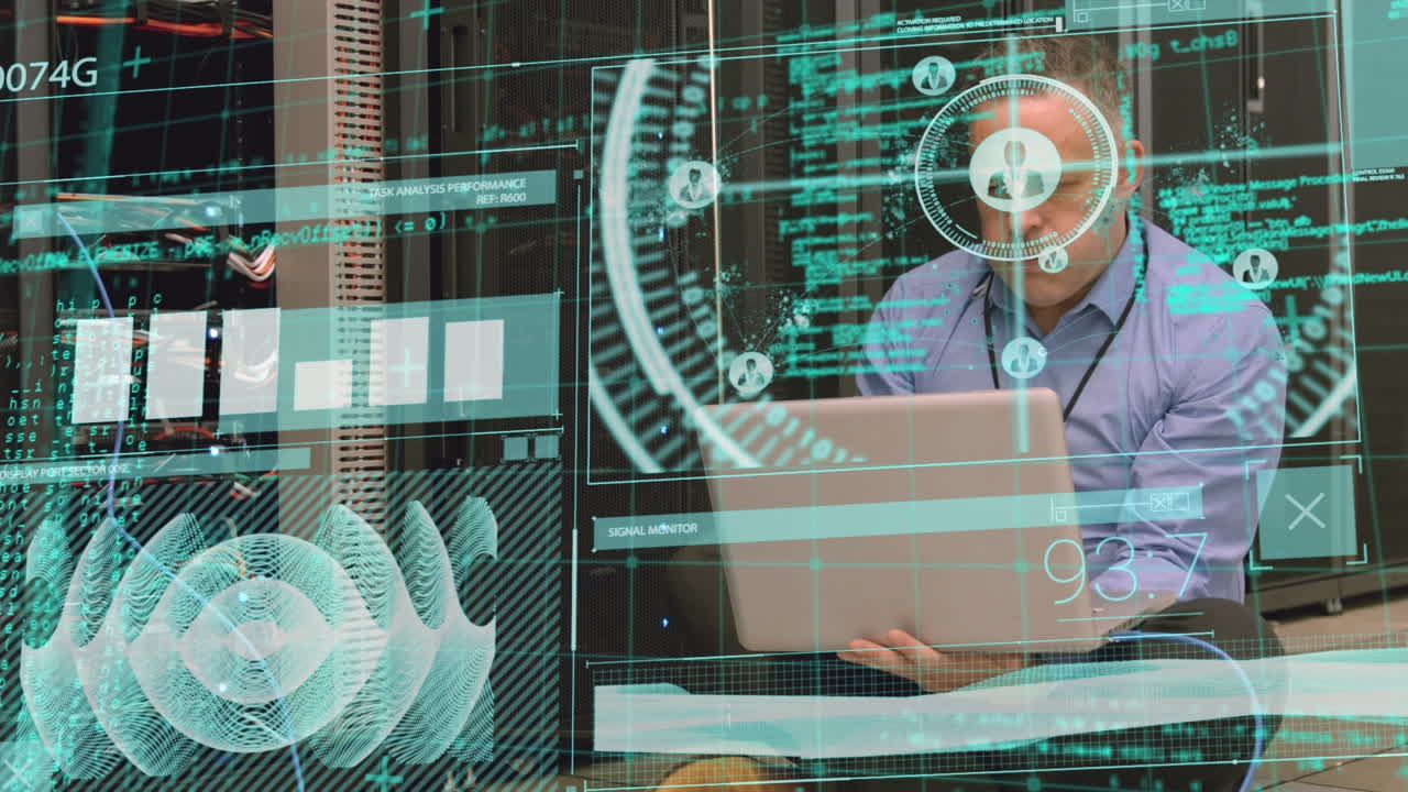 animación de la interfaz con el procesamiento de datos sobre un ingeniero caucásico meditando en la sala del servidor