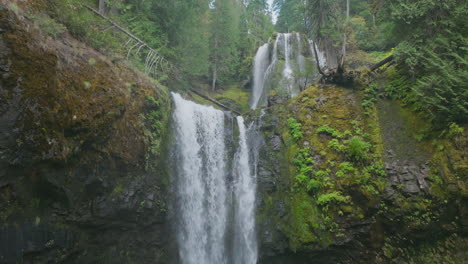 low angle view looking up falls creek falls in gifford pinchot national forest, water falling over rocky cliff edge.
