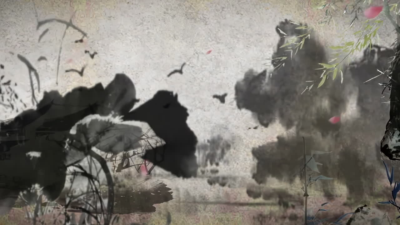 Ink Wash Painting: Serene Landscape with Flying Birds and Falling Petals