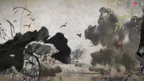ink wash painting: serene landscape with flying birds and falling petals