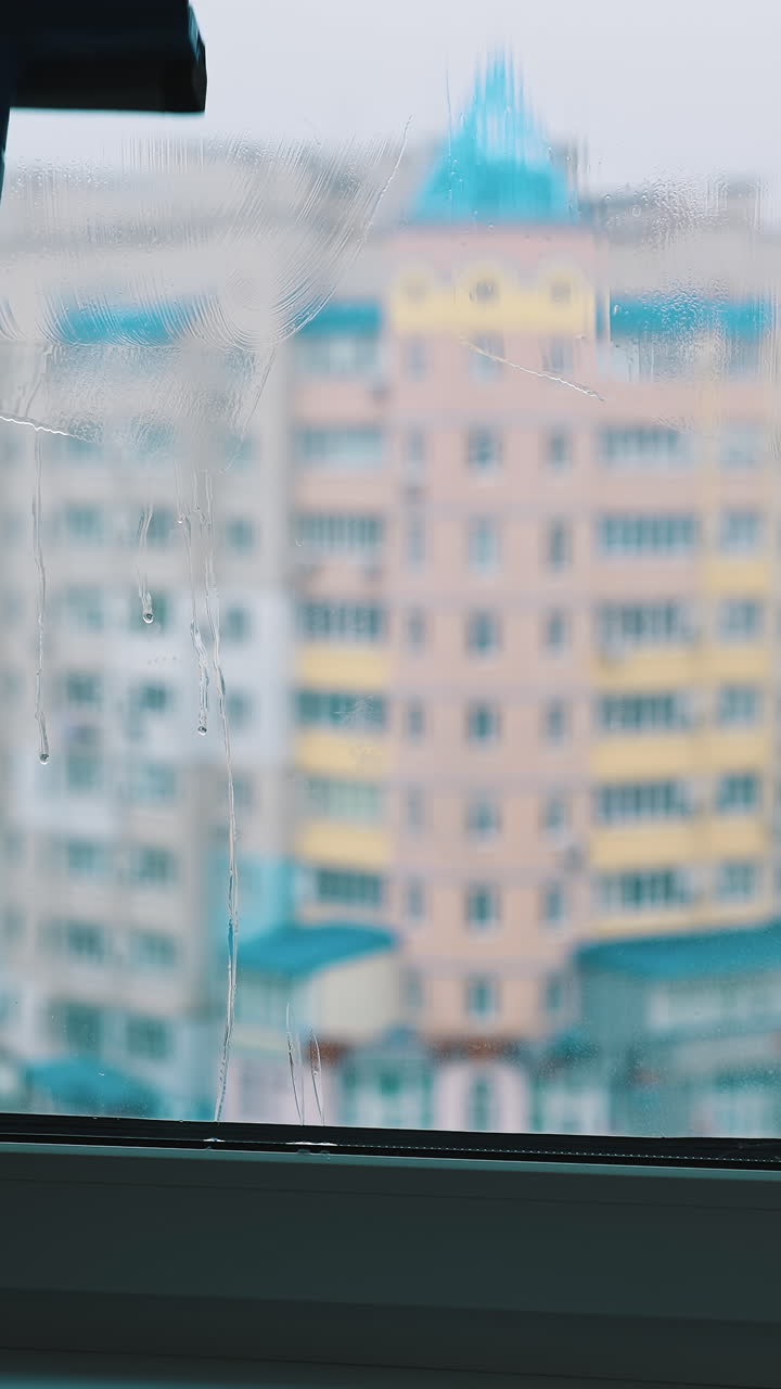 Window cleaning with water and devices. Glass cleaner working with wet windows. Vertical video