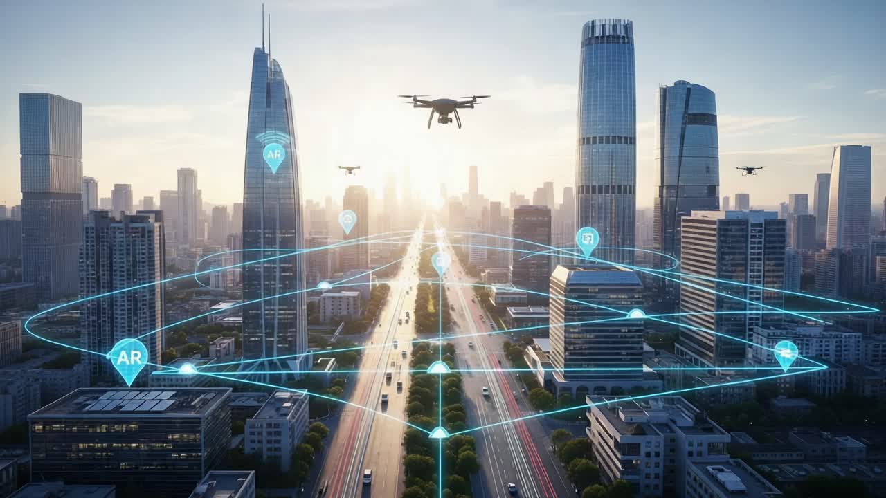 Aerial View of a Futuristic Urban Landscape Highlighting Drone Technology and Augmented Reality Features, Showcasing Modern Skyscrapers and Infrastructure