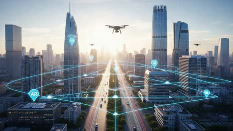 aerial view of a futuristic urban landscape highlighting drone technology and augmented reality features, showcasing modern skyscrapers and infrastructure