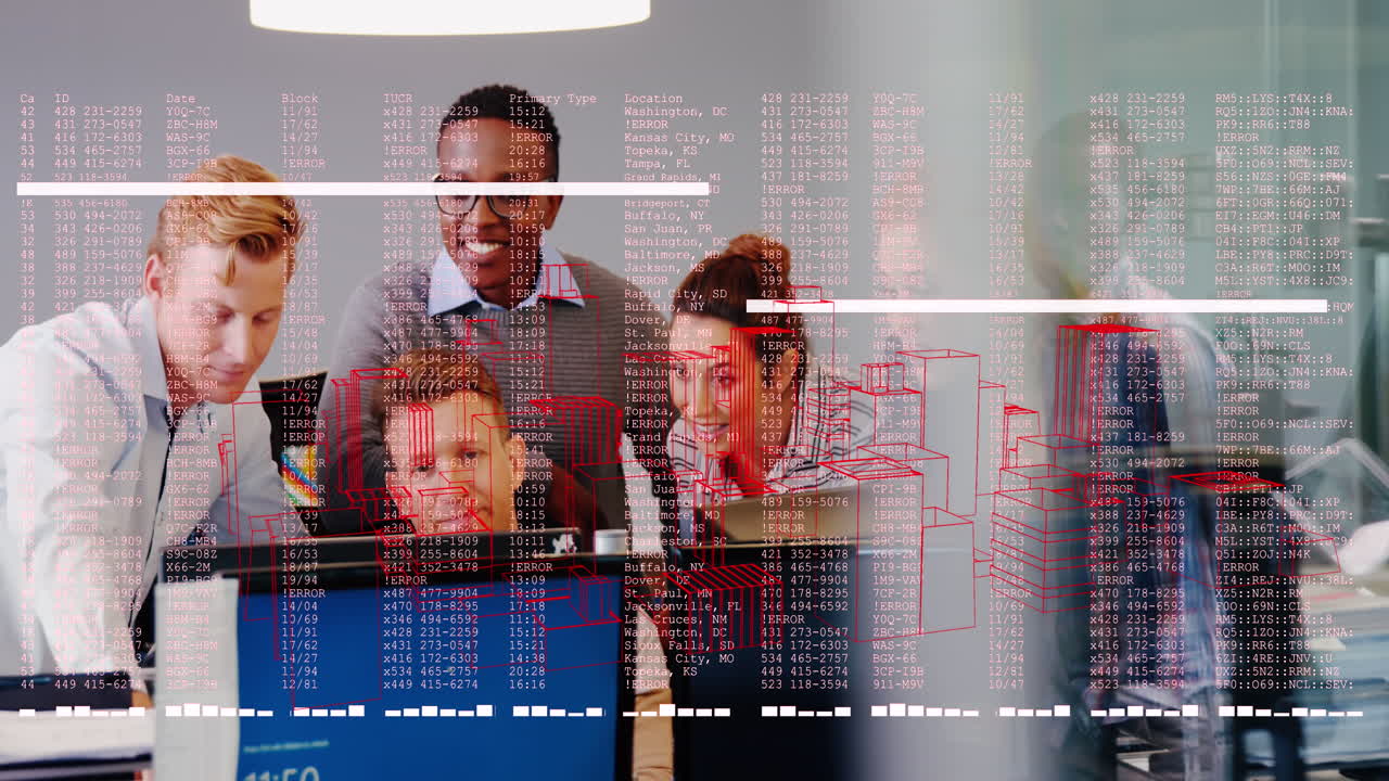 Animation of 3d city model spinning against diverse businesspeople discussing together at office