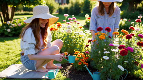 women gardening in a flower garden