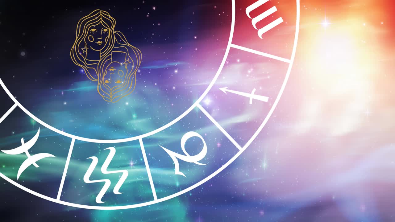 animación del símbolo del signo de la estrella gemini en la rueda giratoria del horóscopo sobre las estrellas brillantes