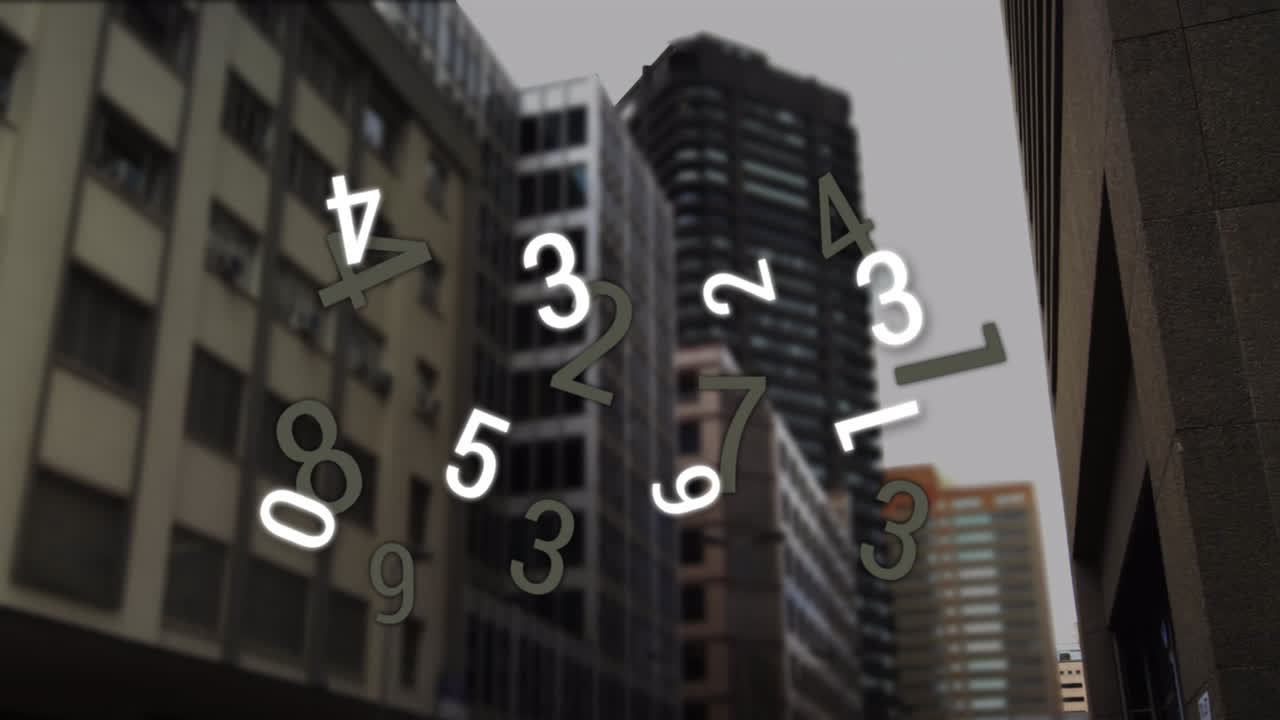 Animation of falling numbers over cityscape