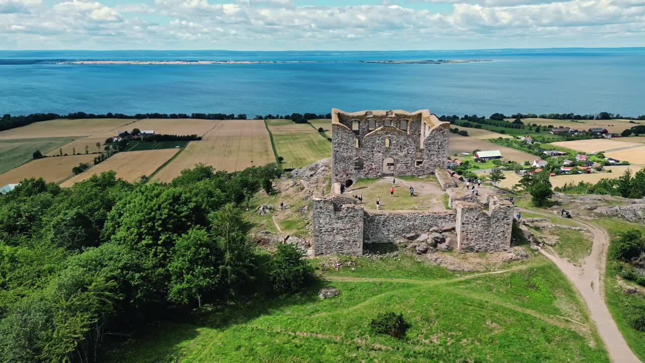 Aerial of the Brahehus Castle, a stone castle built in the 1600s, Sm&aring;land, Sweden