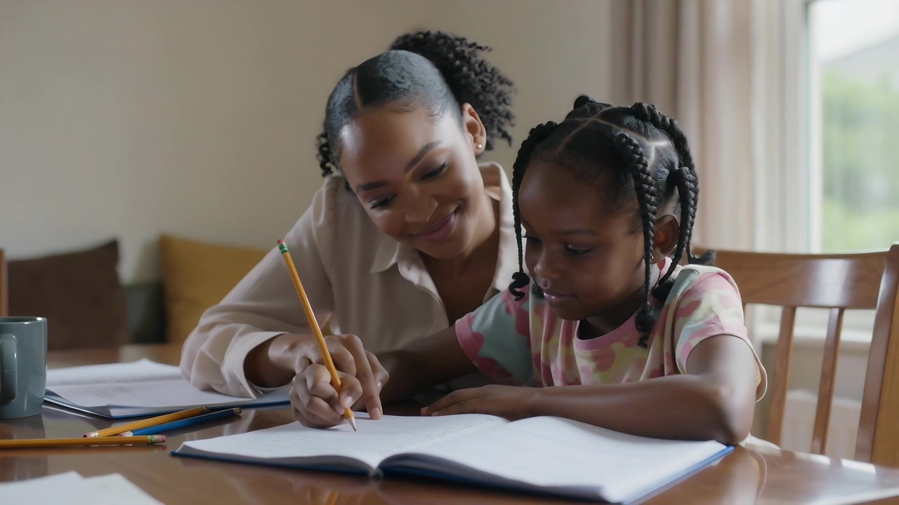 Leaning in, mother guiding daughter tracing notebook at home, using yellow pencil for schoolwork
