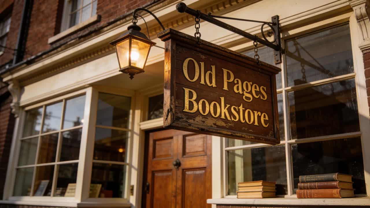 Un'insegna di legno appesa recita 'Pages Bookstore', mentre la telecamera si avvicina al negozio con una lanterna accesa.