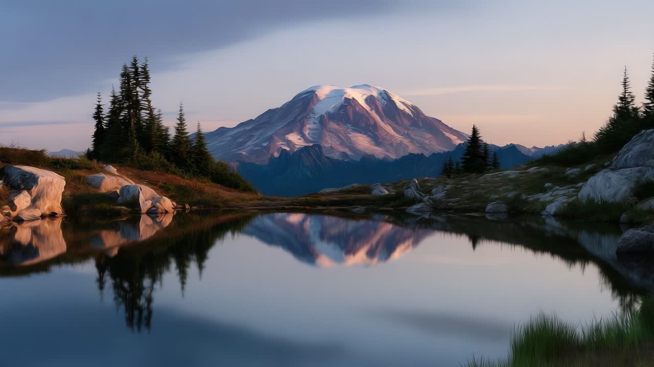 Stunning Mountain Reflection Over Serene Lake Surrounded by Lush Greenery at Dusk, Capturing Nature's Tranquility and Beauty in Full Bloom
