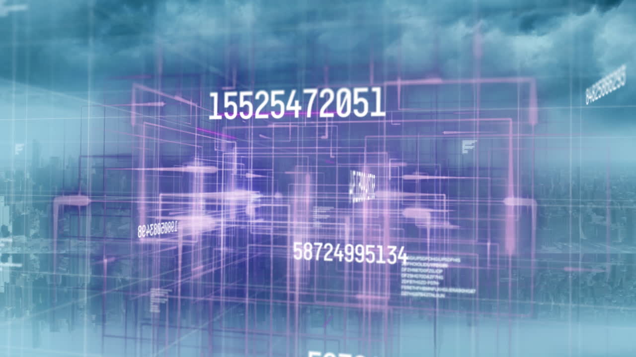 Animation of numbers changing and data processing over cityscape