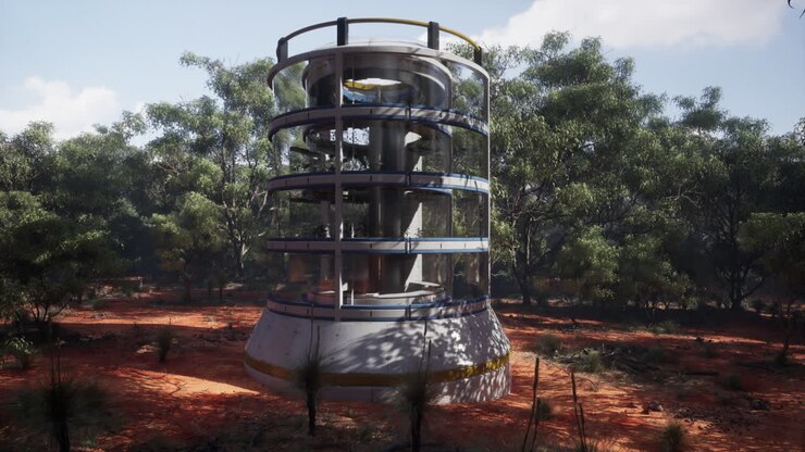 Torre futurista en un bosque