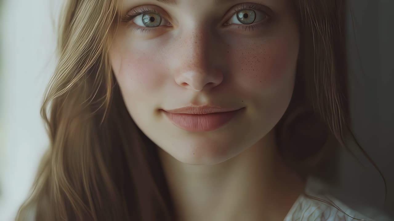 Subtle changes in expression and lighting create a captivating sequence of portraits featuring a young woman with beautiful green eyes and flowing hair, radiating a gentle and inviting aura