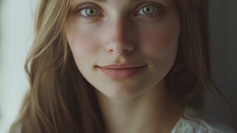 subtle changes in expression and lighting create a captivating sequence of portraits featuring a young woman with beautiful green eyes and flowing hair, radiating a gentle and inviting aura