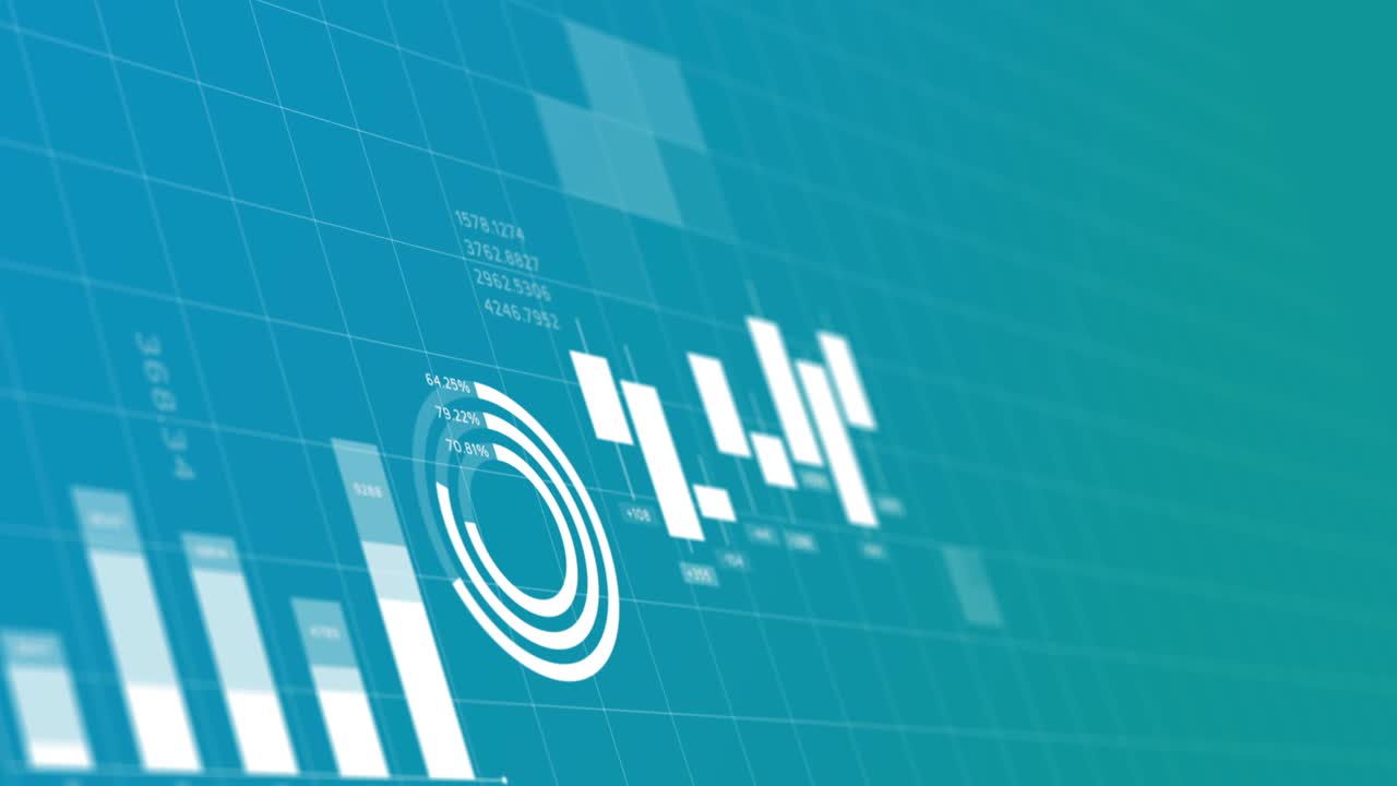 animación infográfica moderna en fondo azul con profundidad de campo, 4k