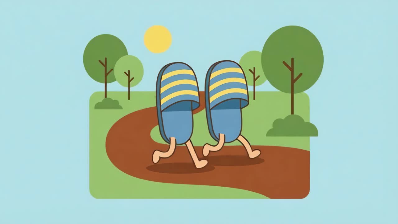 Des pantoufles de dessins animés qui se promènent dans la nature