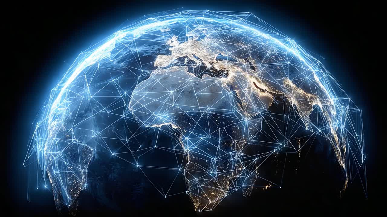 A Stunning Visualization of Earth Highlighted by Interconnected Networks, Showcasing Global Connectivity and a Network of Lights Across Continents