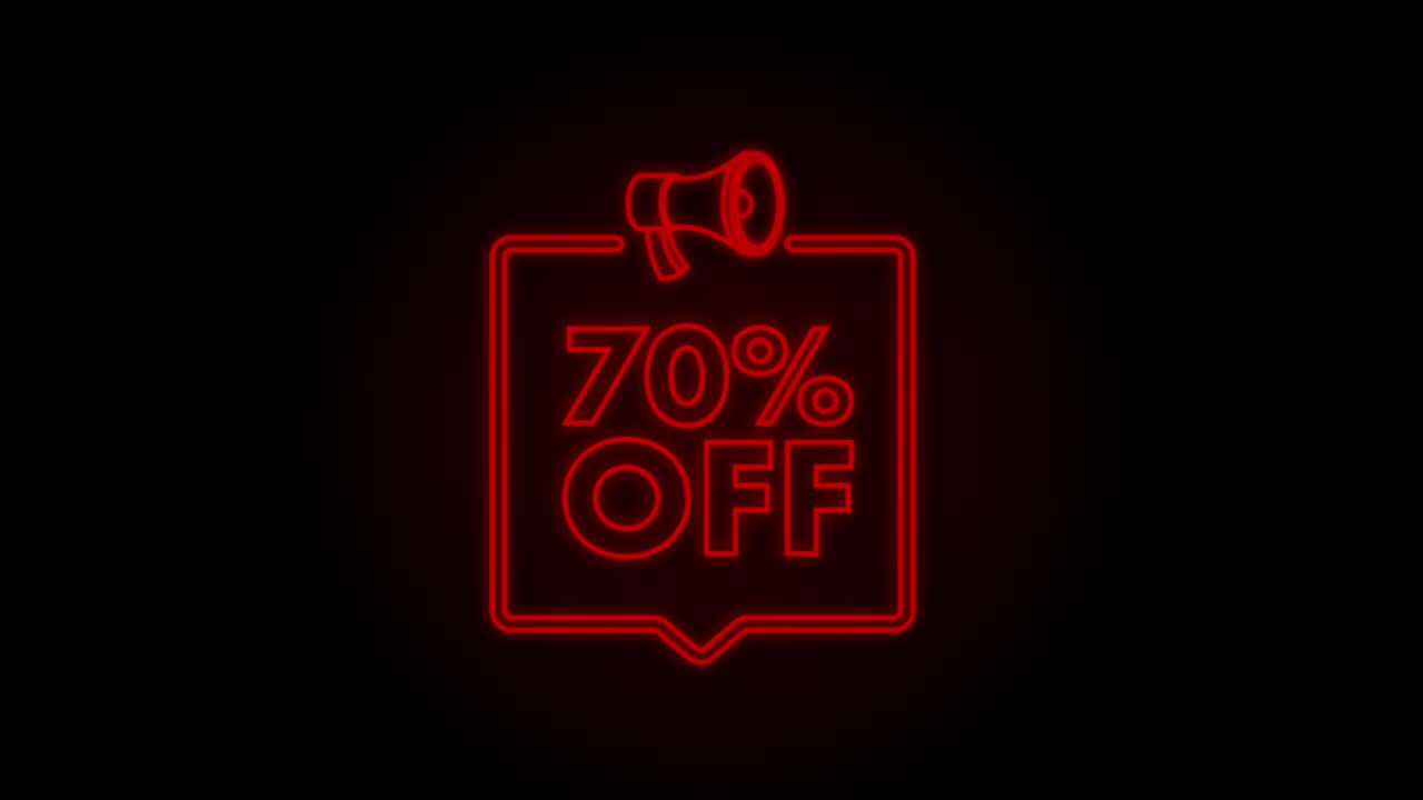 70 por ciento de descuento en la venta banner de descuento con megáfono. etiqueta de precio de oferta de descuento. promoción de descuento del 70 por ciento icono de neón. gráfico de movimiento
