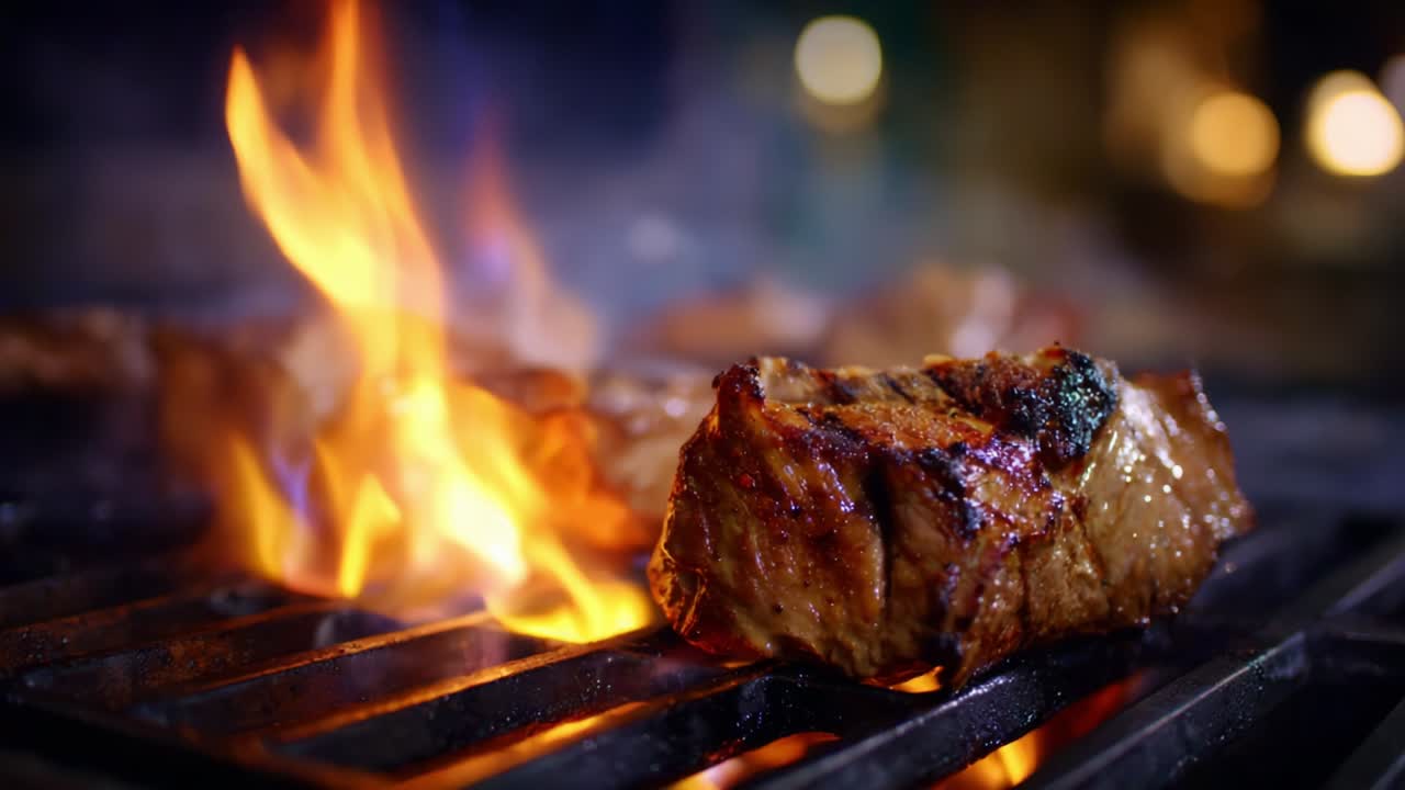 Grilling Mastery: Juicy Steak Cooked to Perfection with Fiery Flames Dancing in the Background, Capturing the Essence of Outdoor Barbecues and Delicious Culinary Experiences with Every Bite