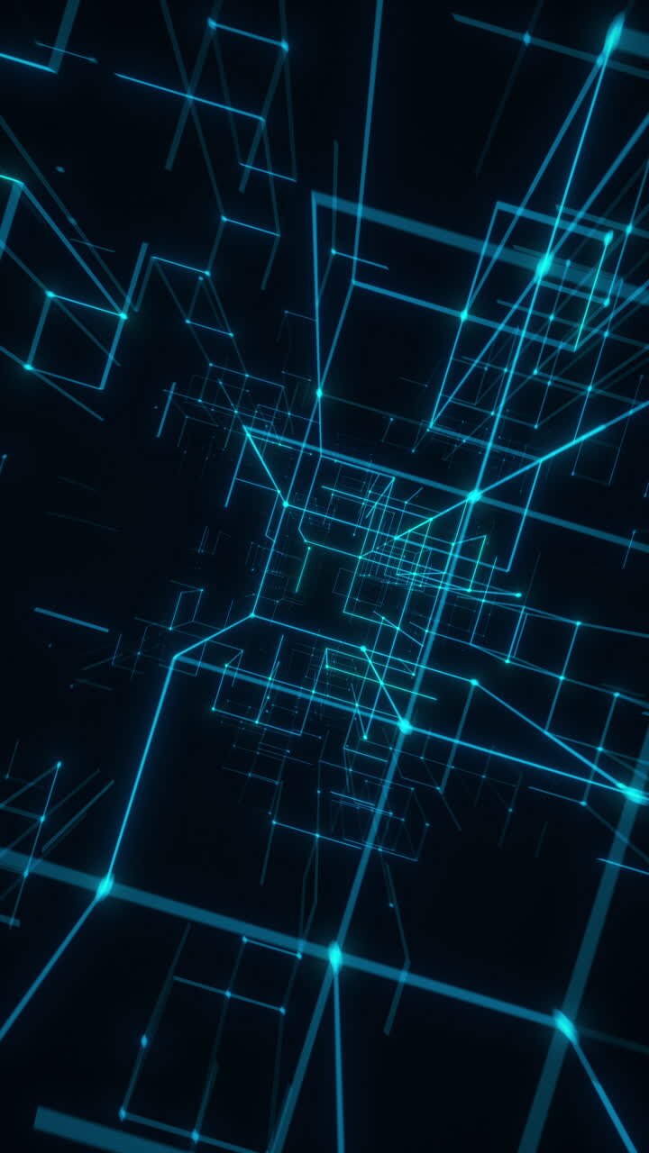Griglia geometrica verticale blu neon che si estende in profondità futuristica. Rendering in 3D in loop