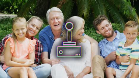 animation of gamepad icon over caucasian family smiling