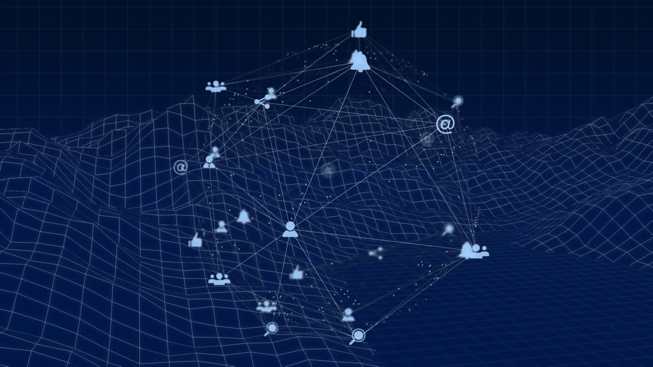 Globe of digital icons against 3D model of mountains