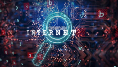 magnifying glass and examination text over digital circuit board and numbers animation