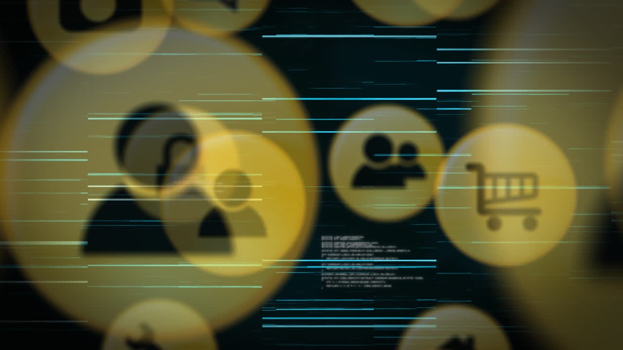 animación de la creciente red de iconos conectados, y procesamiento de datos, en negro