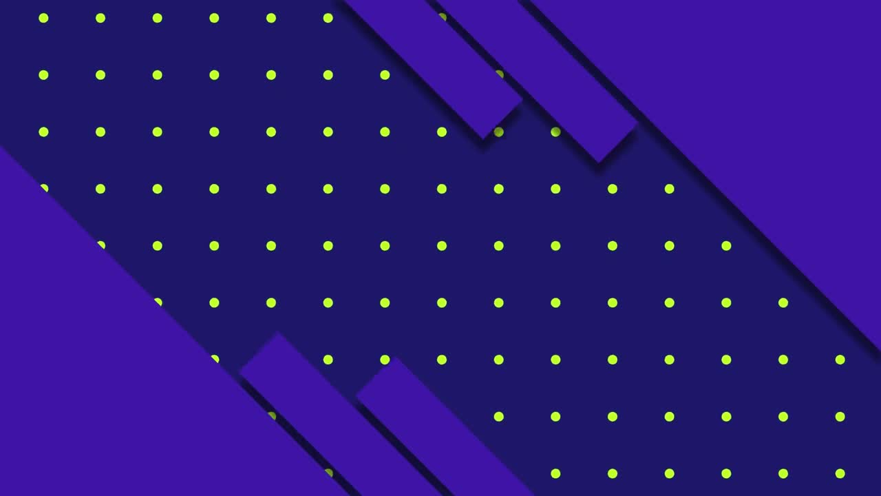 animación de múltiples rayas púrpuras diagonales sobre filas de puntos verdes en formación sobre fondo púrpura