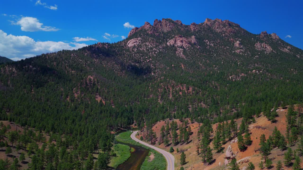 Deckers South Platte River aerial drone Colorado Trail Evergreen Conifer Foxton North Fork Buffalo Creek Platte Canyon spring summer morning sunny blue sky Pike National Forest forward pan up