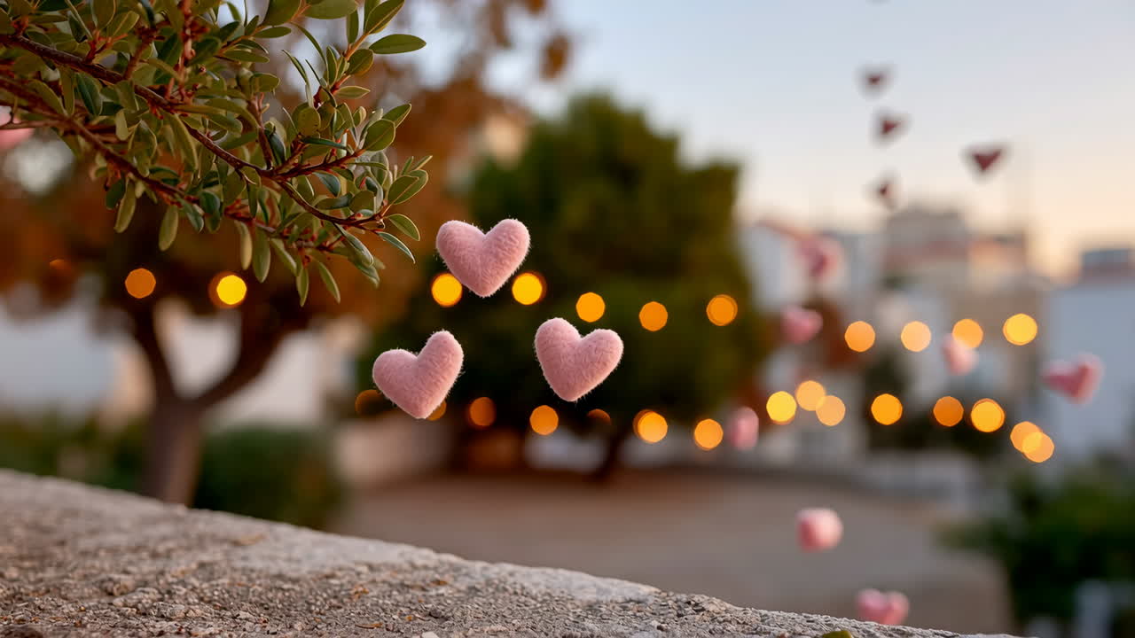 Hearts float in a sunset glow. Colorful hearts hover in the air as soft lights twinkle in the background during a tranquil sunset