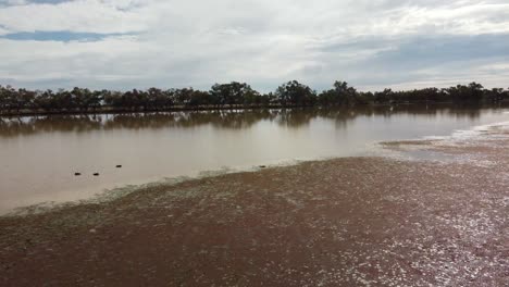 Drone-low-flying-over-a-lake-in-the-Outback-of-Australia-passing-some-birds-and-showing-reflections-on-the-lake