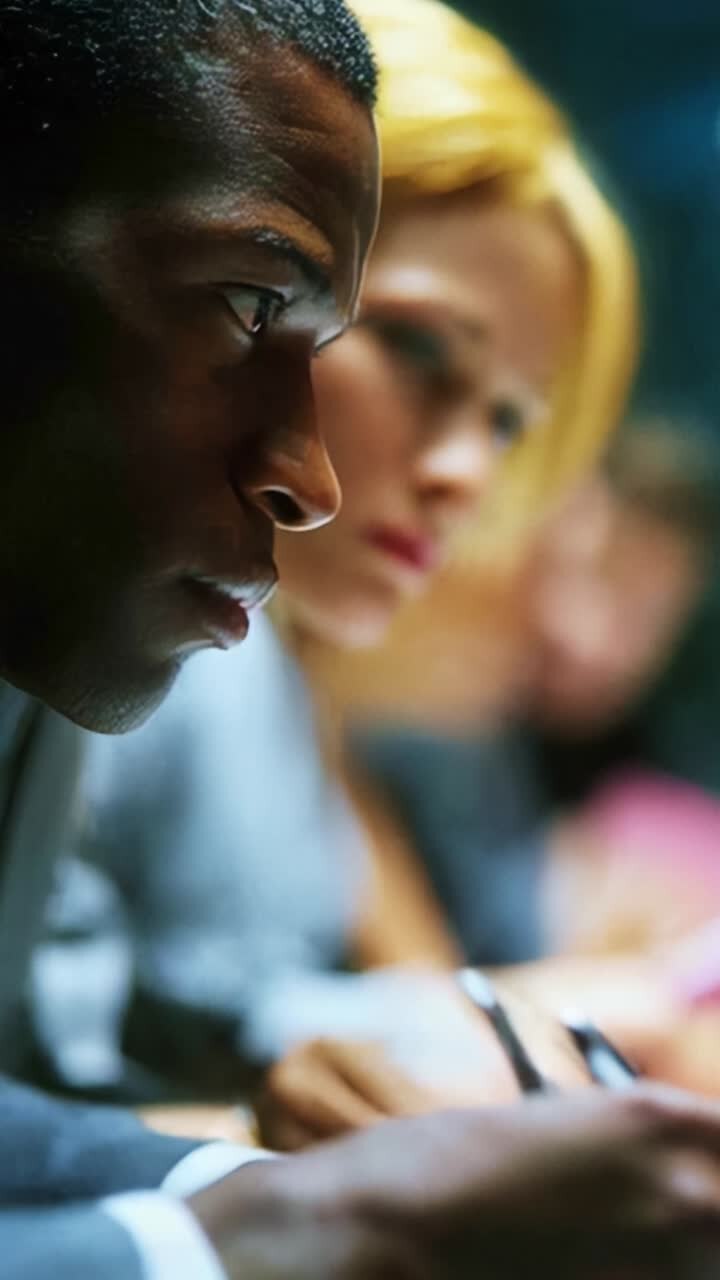 Concentrazione intensa: primo piano di persone impegnate in una discussione seria e intente a prendere appunti in un ambiente professionale