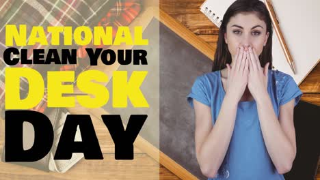 animation of clean your desk text over worried caucasian woman and chalkboard on desk