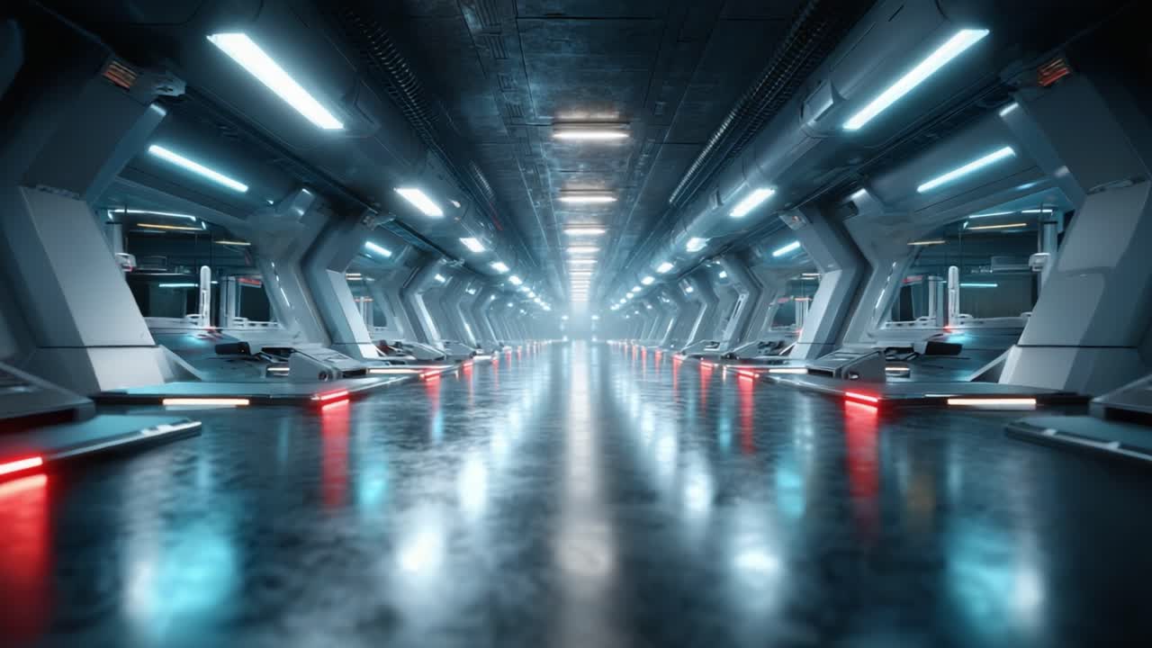 Futuristic corridor with sleek design and bright lighting creating a sci-fi ambiance, showcasing advanced technology in a spacious, high-tech environment