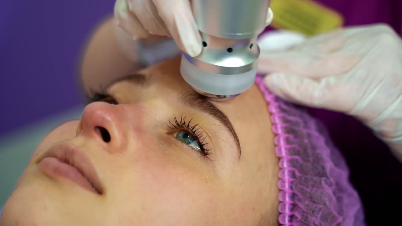 Lovely woman getting lifting treatment. Attractive girl receiving facial skin tightening procedure at beauty salon. Professional cosmetologist doing hardware skin treatment.